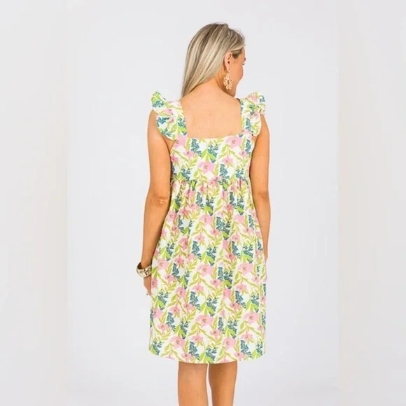 Linen floral block print babydoll mini dress ruffle pyjama square neck flutter - Picture 3 of 14